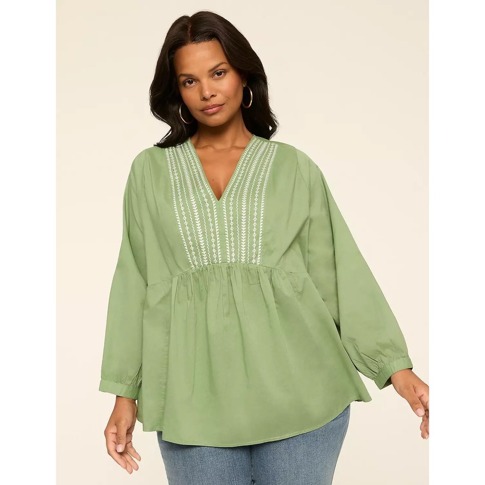 Lane Bryant‎ Sage Green Embroidered V-Neck Babydoll Peplum Blouse Plus Size 24